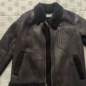 DKNY Black Shearling-Trim Bomber Jacket
